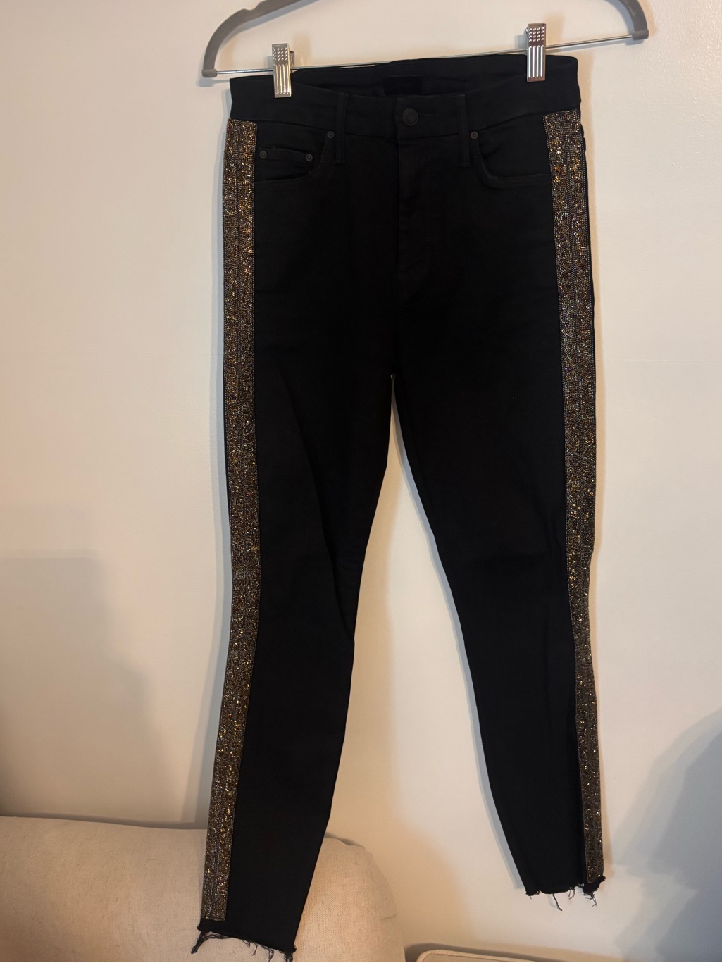Mother Black With Beaded Trim High Waisted Looker Ankle Fray